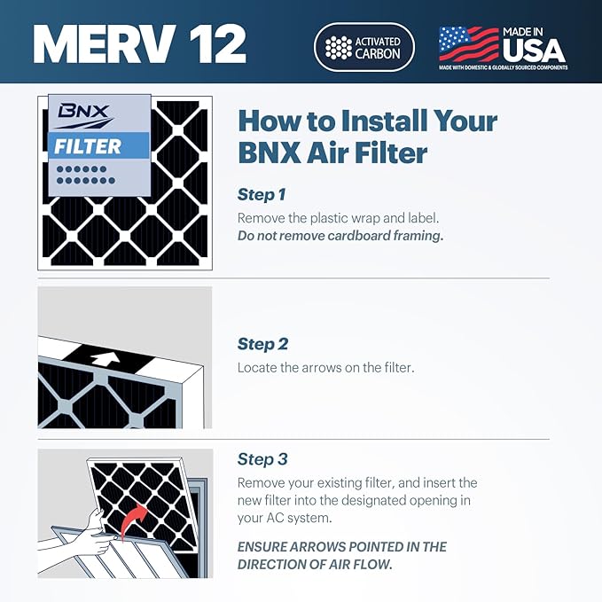 BNX TruFilter 14x14x1 MERV 12 Odor Defense (4-Pack) AC Furnace Air Filter with Activated Carbon - MADE IN USA - Pleated Air Conditioner HVAC AC Furnace Filters - Removes Odor, Mold, Bacteria, Smoke