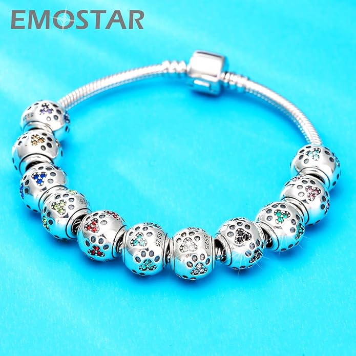 EMOSTAR Dog Paw Print Charms with Various Birthstone Crystals, 925 Sterling Silver Pawprint Beads for 3mm Snake Chain, Pet Lover Gifts for European Women Bracelet