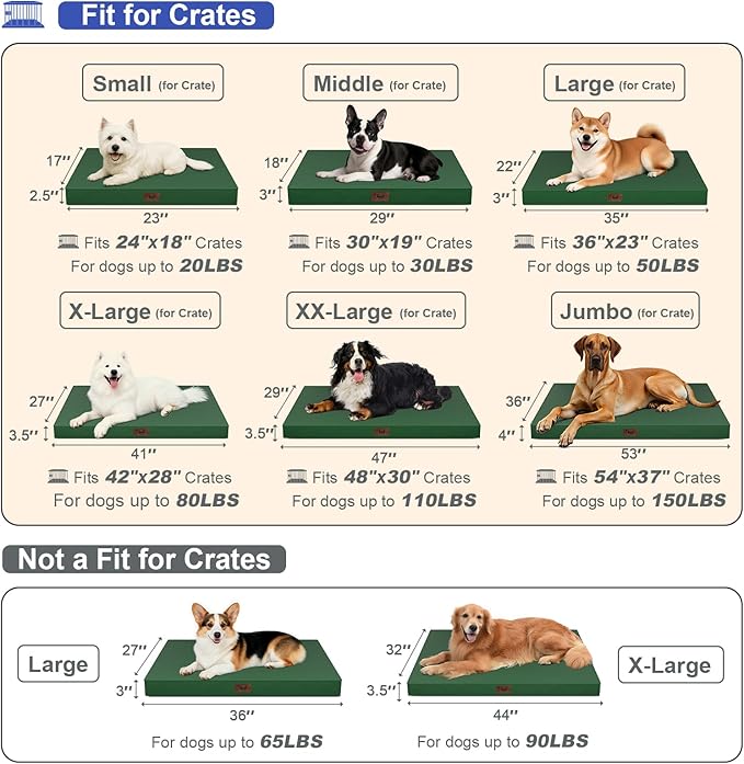 Outdoor Dog Bed for Small Dogs & Cats, Waterproof Dog Crate Mat Orthopedic Egg Crate Foam with Washable Removable Oxford Cover, Dark Green