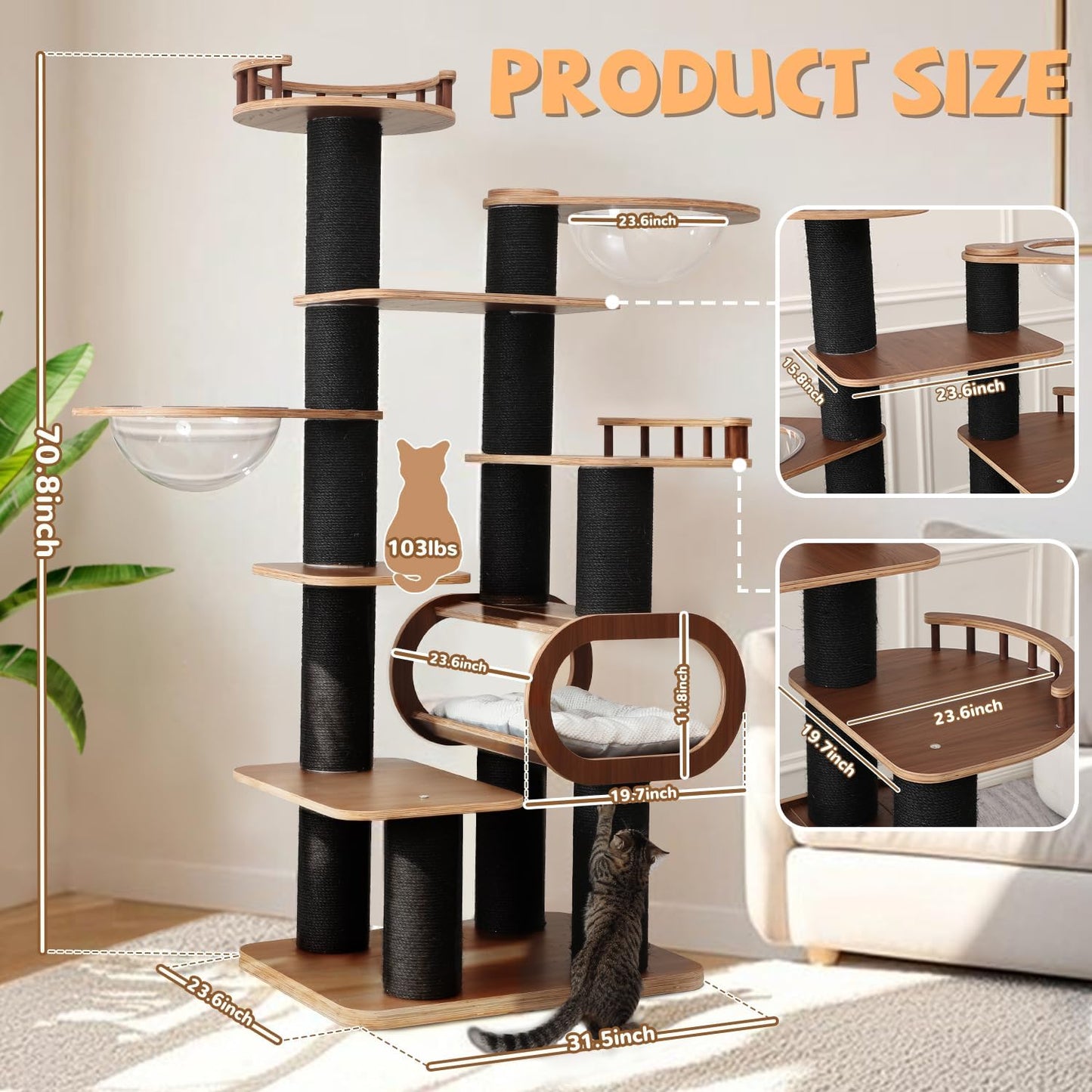 70.8'' Tall Luxury Cat Tree,All i,ne One Black Walnut Wood Modern Cat Tower for Indoor Large,Huge Multi-Level Cat Furniture with Scratching Posts,Condo,Cushion,Clear Bowl,Platform for Home Decoration