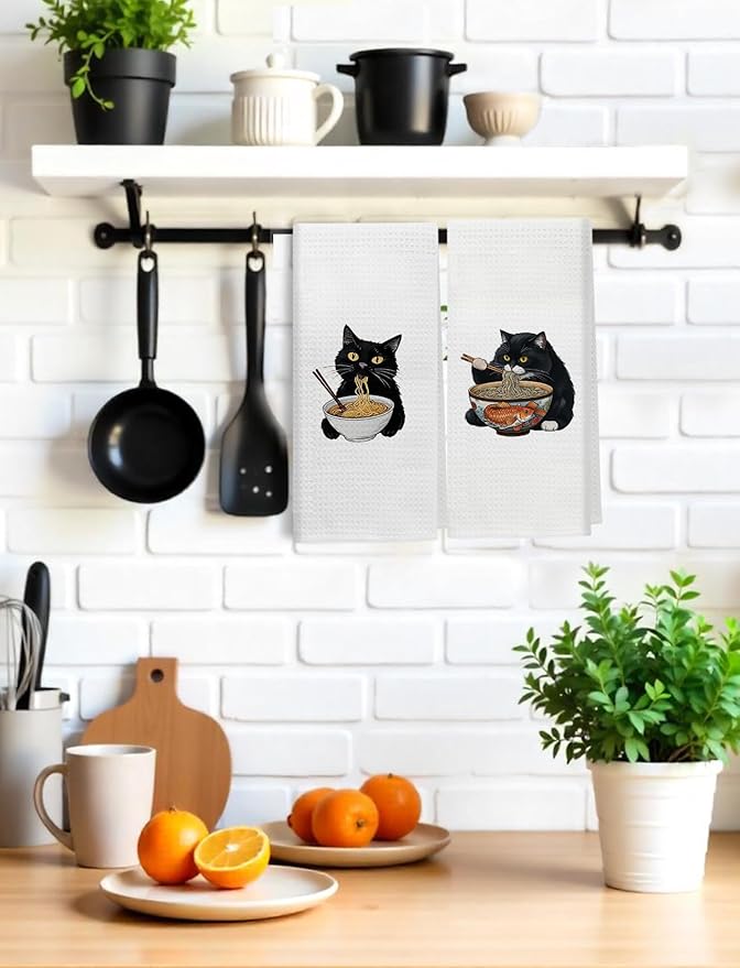 Funny Black Cats Kitchen Towels, Cat Gifts for Women Hand Towels for Bathroom Decor, Cute Black Kitten Decorative Dish Tea Towels for Kitchen, 16x24 Inch Set of 2