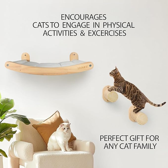NVMBR Cat Wall Furniture Lounge with Sisal Stairs Set, 16 inch Stud Design, Easy Install Mounts, Holds up to 33 lbs Climber Indoor Perches for Walls, Shelf Hammock with Saftety Bar