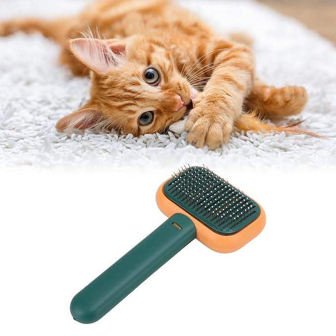 Dog Hair Brush, Self Cleaning Slicker Brush for Pets Cats Dogs Gentle Round Head Soft Needle Removes Floating Hair Comfortable Grip ABS Material 9 x 18cm (Orange Green)