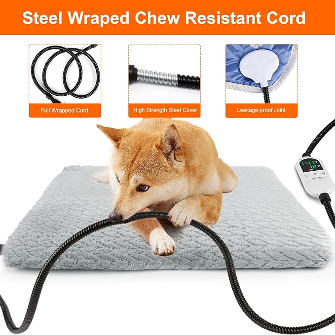 ENJOY PET Pet Heating Pad for Cats Dogs, Heated Dog Bed Indoor Dog Heating Pad with Chew Resistant Steel Cord, 12 Level Timer and Temperature Heated Pet Bed Electric Warming Blanket (28''x16'')