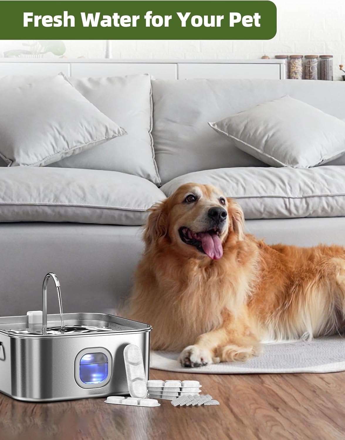 Dog Water Fountain Stainless Steel, 410oz/3.2Gal/12L Large Pet Water Fountain for Dogs, Dog Water Bowl Dispenser with Water Level Window & LED Light, Super Quiet for S-L Dogs and Multi-Pet (Filters)