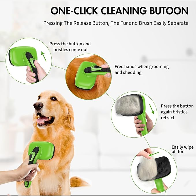 Dog Brush for Shedding, Self Cleaning Slicker Brush Ideal for Short Long Haired Dogs & Cats. Removes Loose Fur, Undercoat, Mats, Tangled Hair. Suit for Large Medium Small Animal, Green