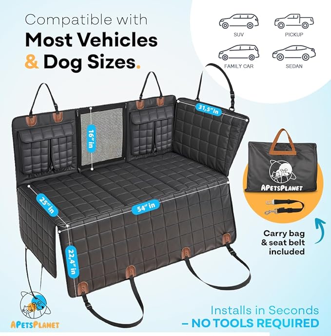 APetsPlanet Dog Car Seat Cover for Back Seat Hard Bottom - Waterproof Backseat Extender for Dogs - Pet Hammock Bed for Car, Truck, SUV with Mesh Window & Storage - Black Leather, with Door Covers
