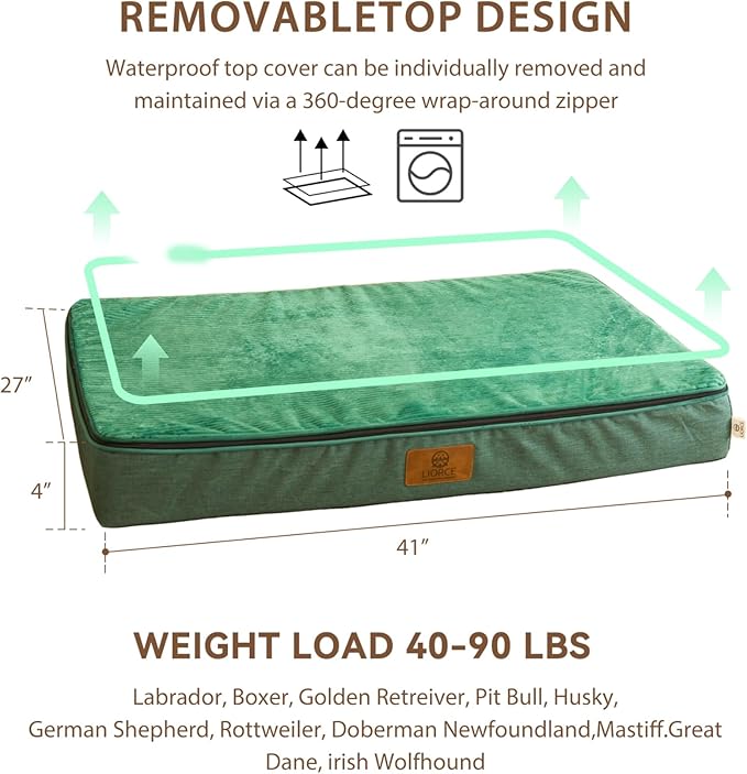 Memory Foam XL Dog Bed - 4” Thick Orthopedic Beds for Extra Large Dogs - Waterproof Dog Bed with Removable Washable Cover & Wrap-Around Zipper - Ultimate Comfort and Easy Maintenance, Green