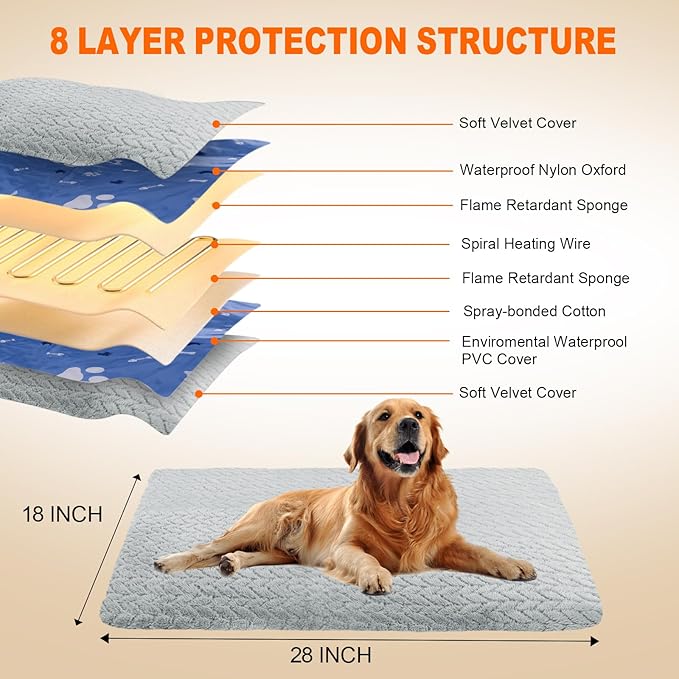 ENJOY PET Pet Heating Pad for Cats Dogs, Heated Dog Bed Indoor Dog Heating Pad with Chew Resistant Steel Cord, 12 Level Timer and Temperature Heated Pet Bed Electric Warming Blanket (28''x16'')