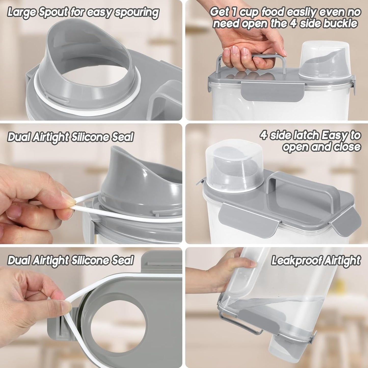 5-7Lbs Dog Cat Food Storage Container with Upgraded Large Nozzle BPA-free, 4 Snap Seals Plastic Pet Food Storage Containers with Handles (2, Light Green+Light Gray, 5L)