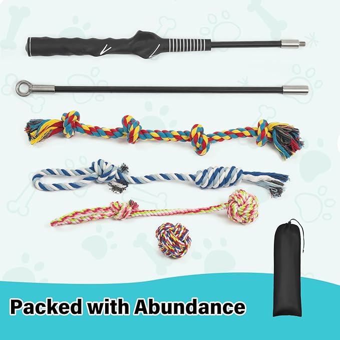 Flirt Pole for Dogs with 4 Rope Chew Toys, Dog Flirt Pole with Carry Bag for Outdoor Training and Exercise, Detachable Teaser Wand for Small, Medium Dogs