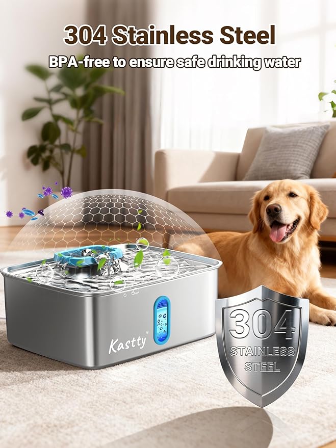 Kastty 4 Gal Large Dog Water Fountain,15L Stainless Steel Dog Water Bowl Dispenser with Water Level Window and LED Light,Ultra Quiet Automatic Pet Water Fountain Easy Cleaning(FS78,Blue)