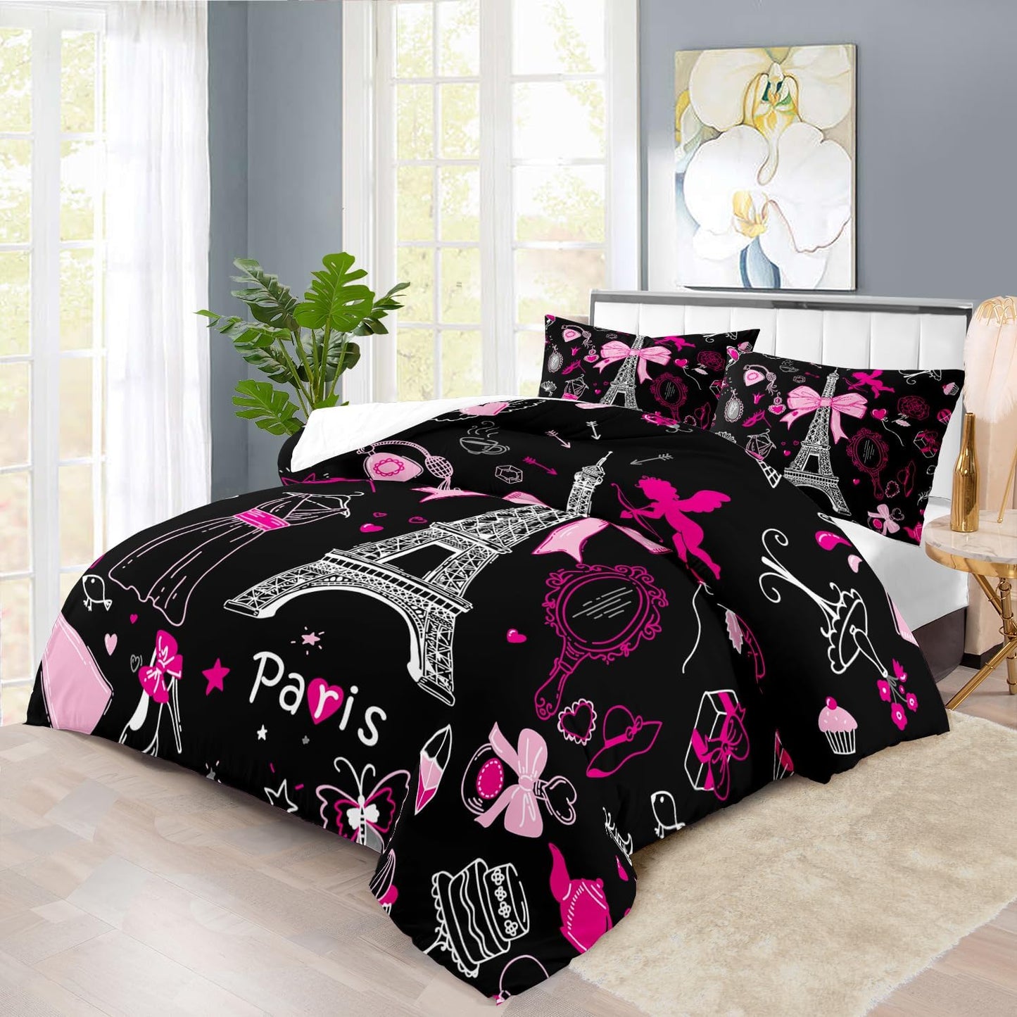 Eiffel Tower Comforter Set Twin Size,Eiffel Tower Bedding Set for Girls, Pink and Black Paris Themed Comforter Bedroom Decor,Paris Quilt French Style Romantic Bedding