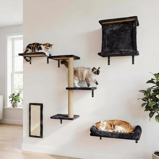 5 in 1 Large Cat Wall Shelves Hanging Tree Perch Bed Shelf Climbing Systems with Hammock