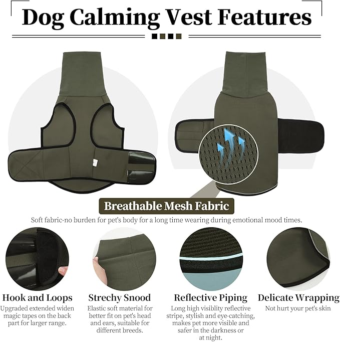 ROZKITCH Dog Anxiety Vest Hoodie with Head Cover, Jacket for Noise Block & Ear Protection, Calming Coat for Travel & Vet Visits ArmyGreen S