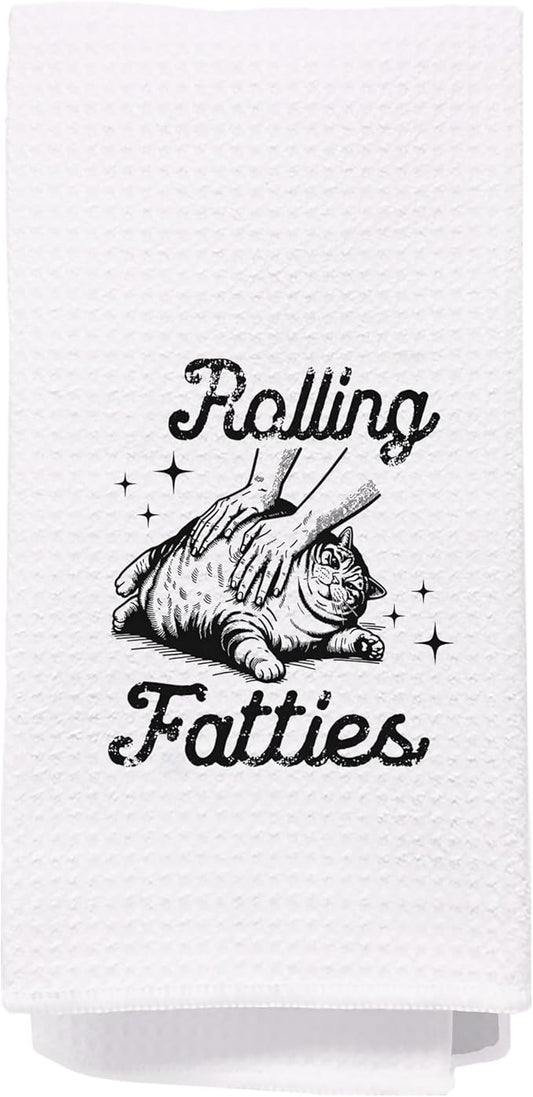 Funny Retro Cat Kitchen Towels, Cat Lover Mom Lady Gifts for Women Dish Tea Towels for Kitchen Decor, Rolling Fatties Kitten Decorative Hand Towels for Bathroom, 16x24 Inch