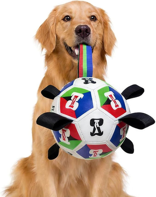 Dog Toys, Word-Cup Style Soccer Ball with Straps, Interactive Lightweight Dog Toys for Outdoor Play, Tug of War, Puppy Birthday Gifts, Water Toy - Ideal Pet Gift for Large Dogs (8 Inch)