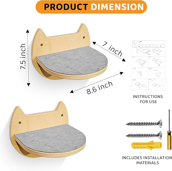 Cat Wall Steps – 2-Pack Wood Wall Mounted Cat Shelves & Floating Cat Stairs, Space-Saving Climbing Furniture for Large Cats