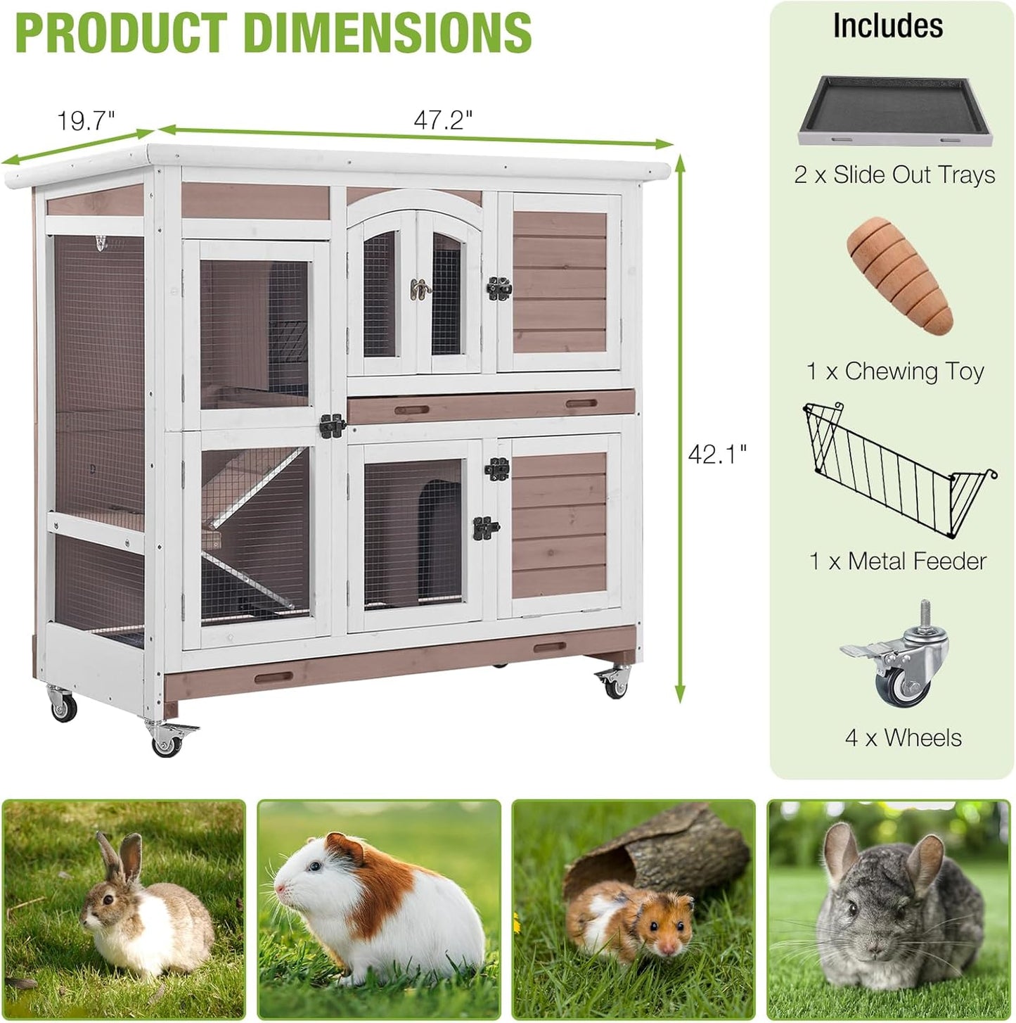GUTINNEEN Large Rabbit Hutch Wooden Bunny Cage Indoor with Chew-Proof Ramp, 2-Story Guinea Pig Cages with Casters, Pull-Out Trays for Rabbits, Guinea Pigs, 47.2" L x 19.7" W x 42.1" H