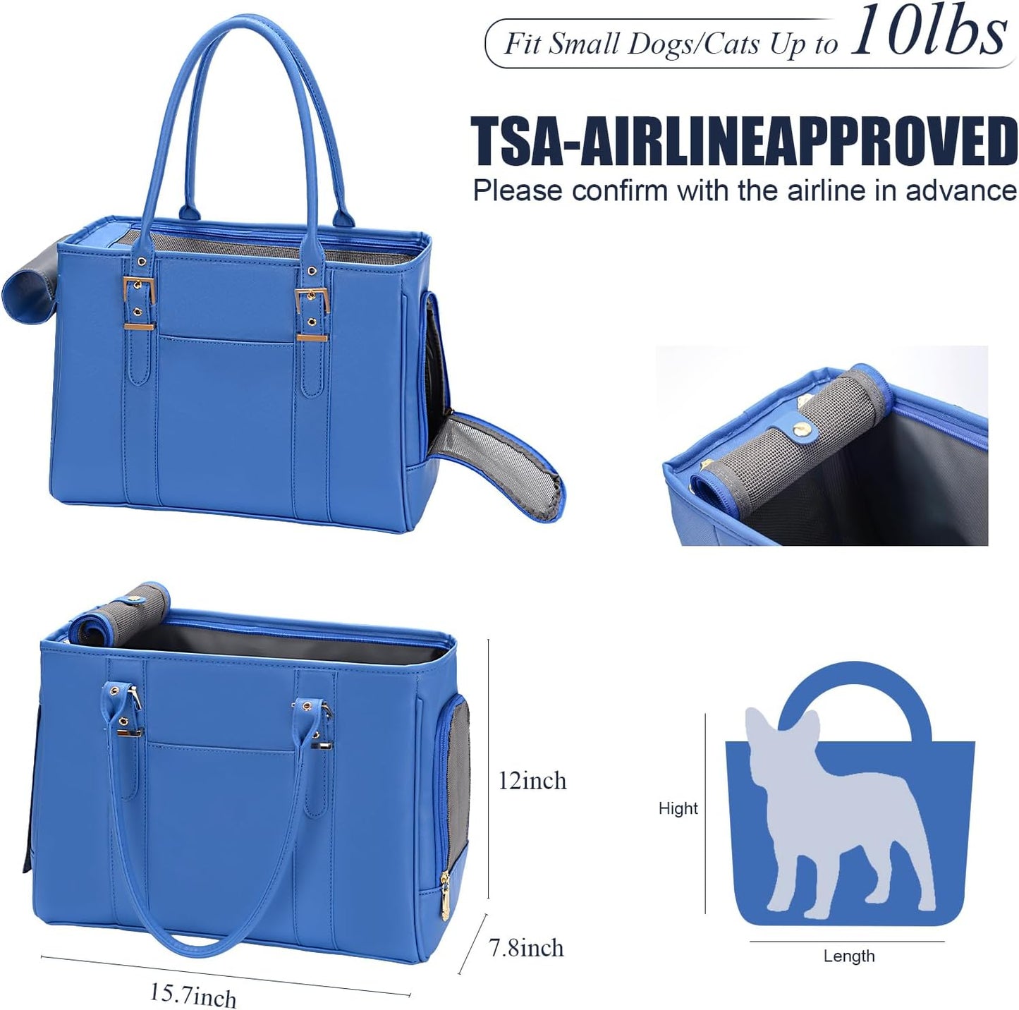 Fashion Pet Carrier Dog Purse Cat Bag Soft-Sided Carriers Travel Airline Approved, Stylish Leather Tote Handbag for Small Animal Puppy Kitten (Blue)