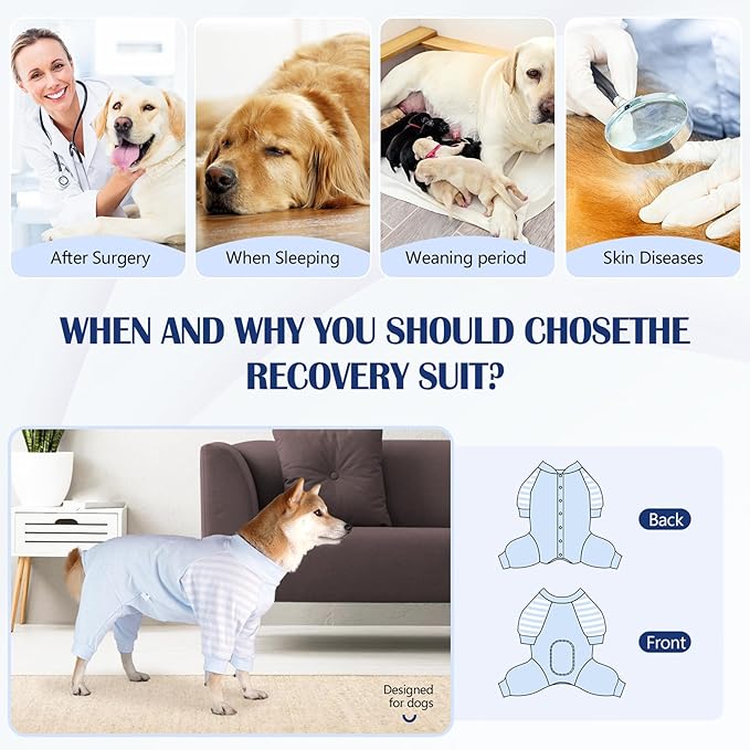 Dog Recovery Suit, Abdominal Wound After Surgery Wear, Anti Licking Bodysuit with Snaps, E-Collar & Cone Alternatives, Long Sleeve Dog Spay Surgical Onesie Prevent Shedding(Small, Blue)