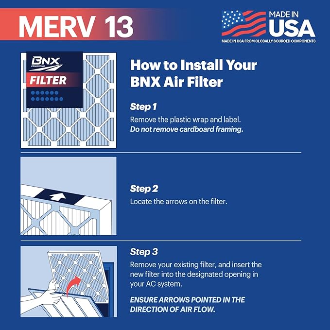 BNX TruFilter 14x24x1 Air Filter MERV 13 (6-Pack) - MADE IN USA - Electrostatic Pleated Air Conditioner HVAC AC Furnace Filters for Allergies, Pollen, Mold, Bacteria, Smoke, Allergen, MPR 1900 FPR 10