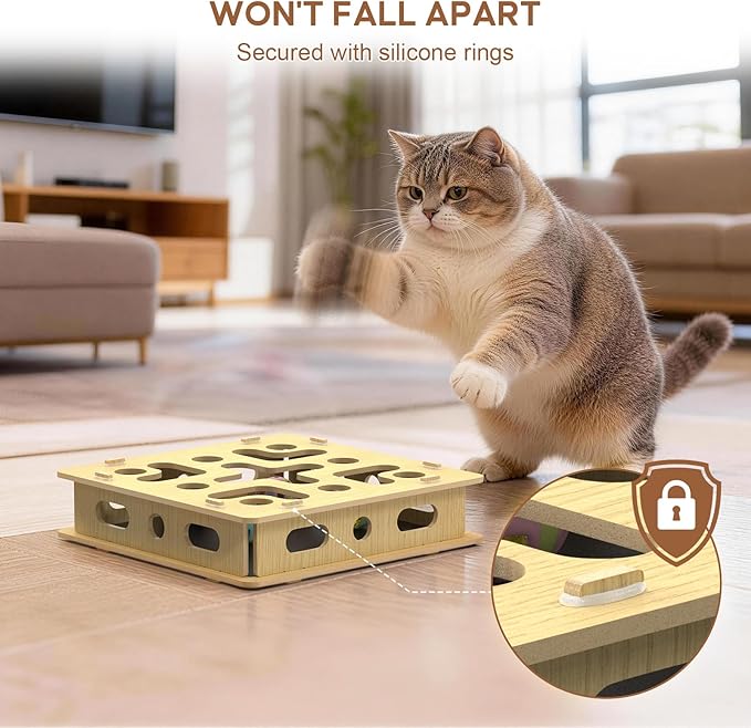 Cat Nail File Box with 5 Sandpaper Pads & 4 Bell Balls, Sturdy Wood Self-Grooming Scratcher for Treat-Motivated Cats, Interactive Cat Scratch Puzzle Enrichment Box with Silicone Security Rings
