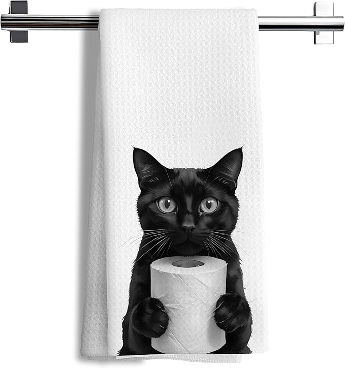 Funny Black Cat Hand Towels, Cat Bathroom Decor, Cats Lover Mom Lady Gifts Hand Towels for Bathroom Kitchen Decor, Cute Black Kitten Decorative Kitchen Dish Tea Towels, 16x24 Inch