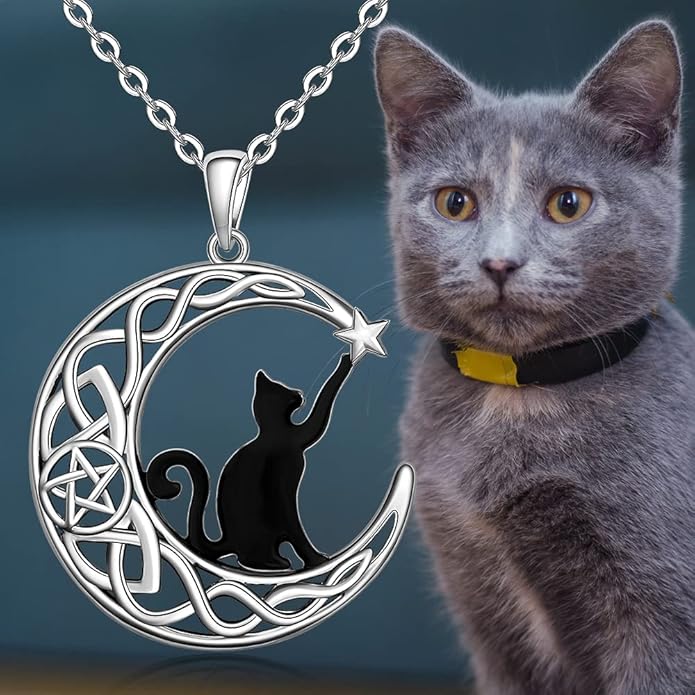 Fenthring Black Cat Necklace Sterling Silver Crescent Moon Celtic Knot Cat Necklaces for Women Cute Animal Infinity Pentacle Cats Halloween Christmas Holiday Jewelry