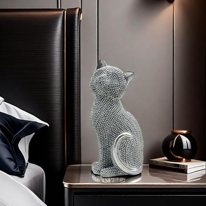 FUNSXBUG Decorative Cat Sitting Statue Art Figurines Sculpture Collectibles Home Office Desktop Decor Outdoor Garden Tabletop Display Decoration (Silver)