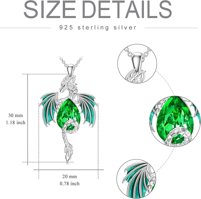 Dragon Necklace for Men Sterling Silver Birthstone Wyvern Necklace Embllished with Teardrop Shaped Crystal Jewelry for Women