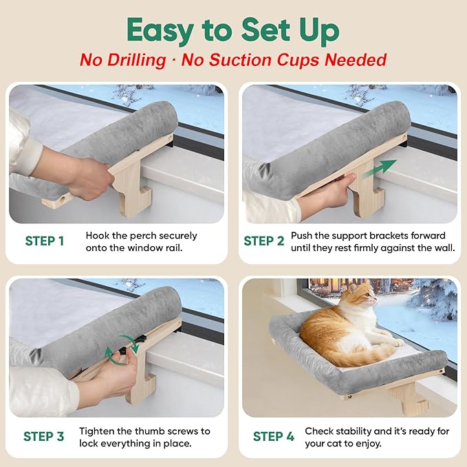 Cat Window Perch with Bolster, Large Hammock Bed for Indoor Cats, Solid Wood & Metal Frame Mounted Perch, Cozy Sunbathing Lounge Bed, 25” Wide (Grey Bed)