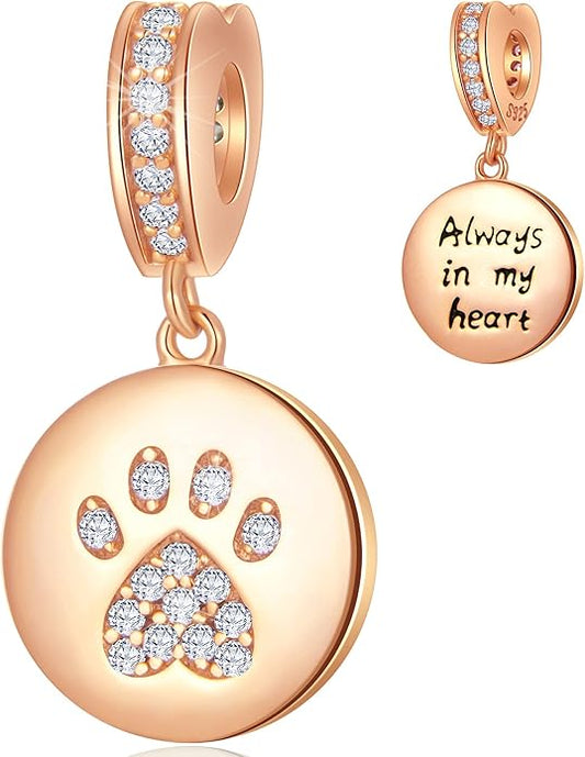 GEMDAZZ Sparkling Puppy Paw Print Charms in 925 Sterling Silver, Pave Dog Pawprint CZ Round Beads and Always in My Heart Charms, Gift for Animal Lover, fit European Women Bracelet/Necklace