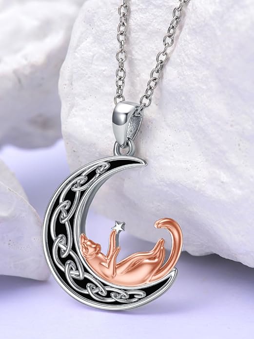 Fox/Cat/Axolotl/Sloth/Panda Necklace Crescent Moon Necklace 925 Sterling Silver Cute Animal Jewelry as Birthday Mothers Day Gifts for Women
