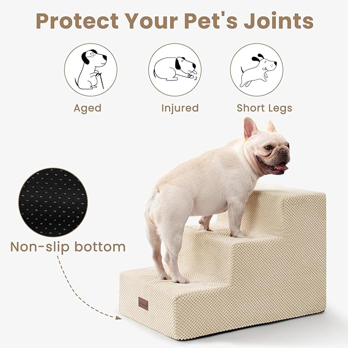 Dog Stairs for Small Dogs & Cats, 3-Step Extra Wide Non-Slip Pet Steps for Couch Sofa and Chair, Beige, 15.7" H