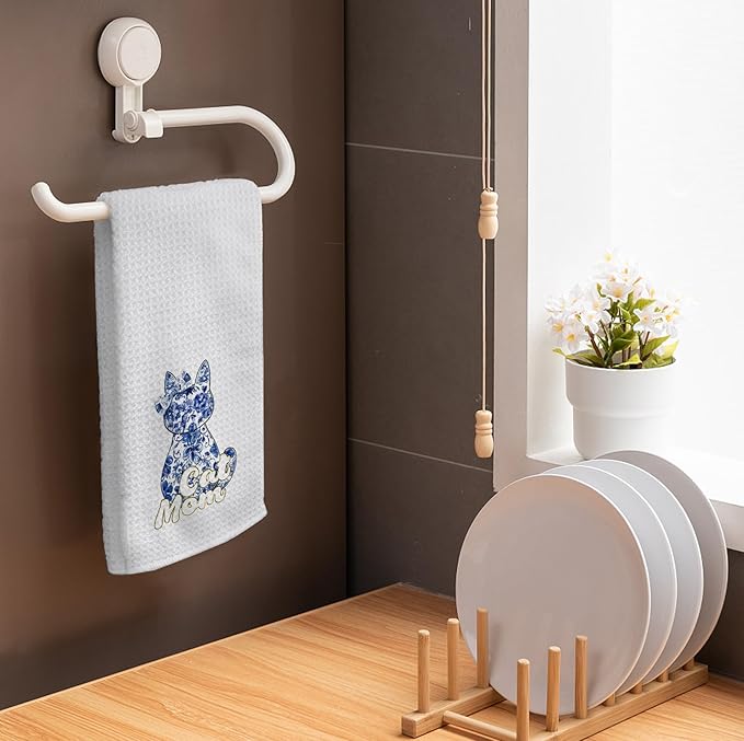 HIWX Cat Mom Kitchen Towels, Blue Chinoiserie Floral Kitty Decorative Kitchen Dish Towels, Cat Mom Lady Lovers Owners Gifts for Women Hand Towels for Bathroom Decor, 16x24 Inches