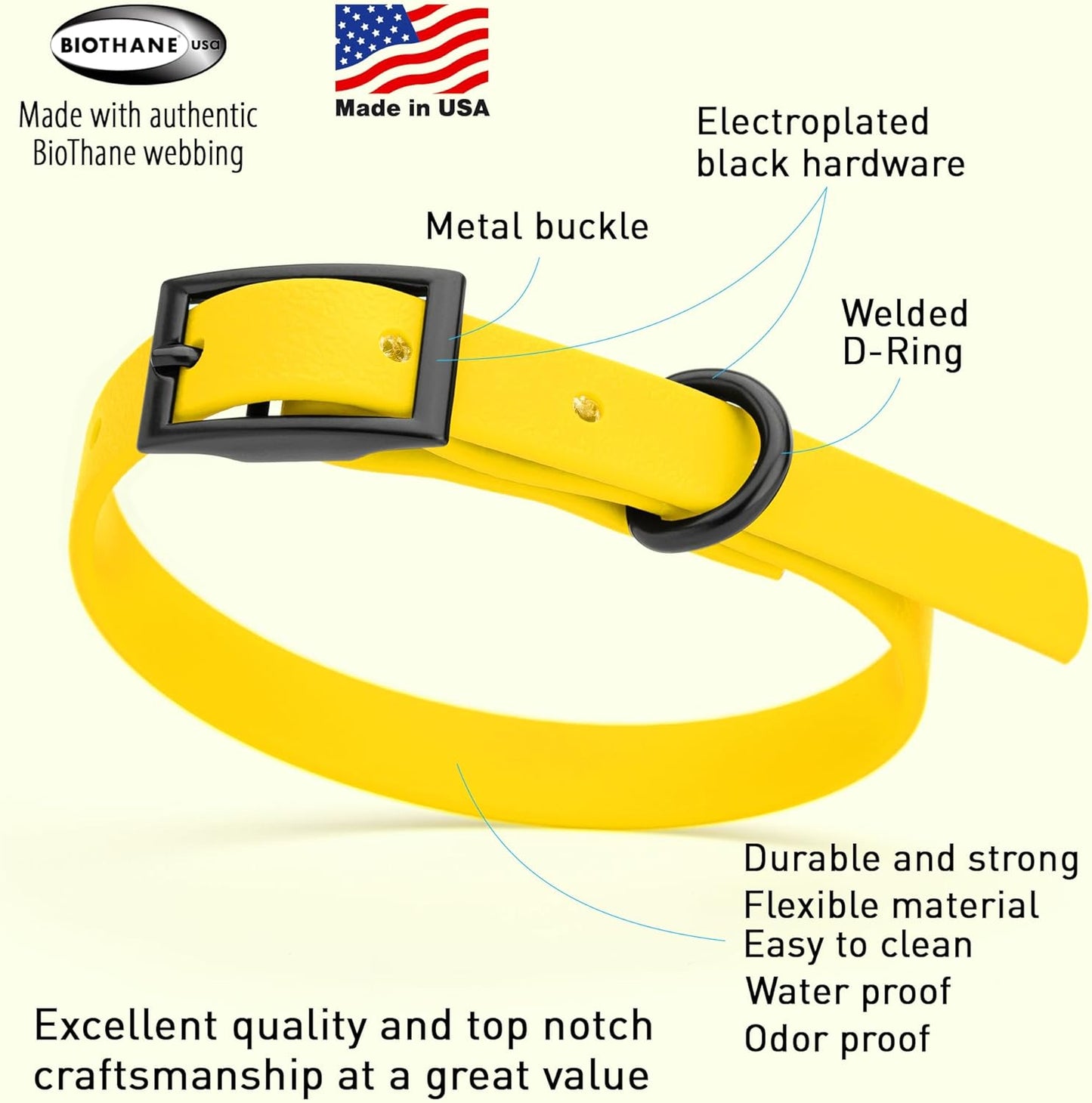 Dogline Biothane Waterproof Dog Collar Strong Coated Nylon Webbing with Black Hardware Odor- Proof for Easy Care Easy to Clean High Performance Fits Small Medium or Large Dogs, Lemon Yellow