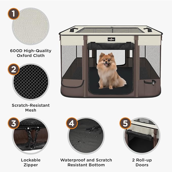 Foldable Pet Kitten Playpen, Upgrade Waterproof Portable Cat Dog Playpen Kennel Tent for Small Dog Cat, Removable Shade Cover, Indoor Outdoor Use for Small Pet, Brown