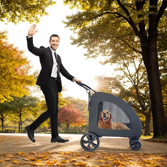 Extra Large Dog Stroller for Medium & Large Pets - Foldable Design, Adjustable Handle, Up to 130 lbs(Black)