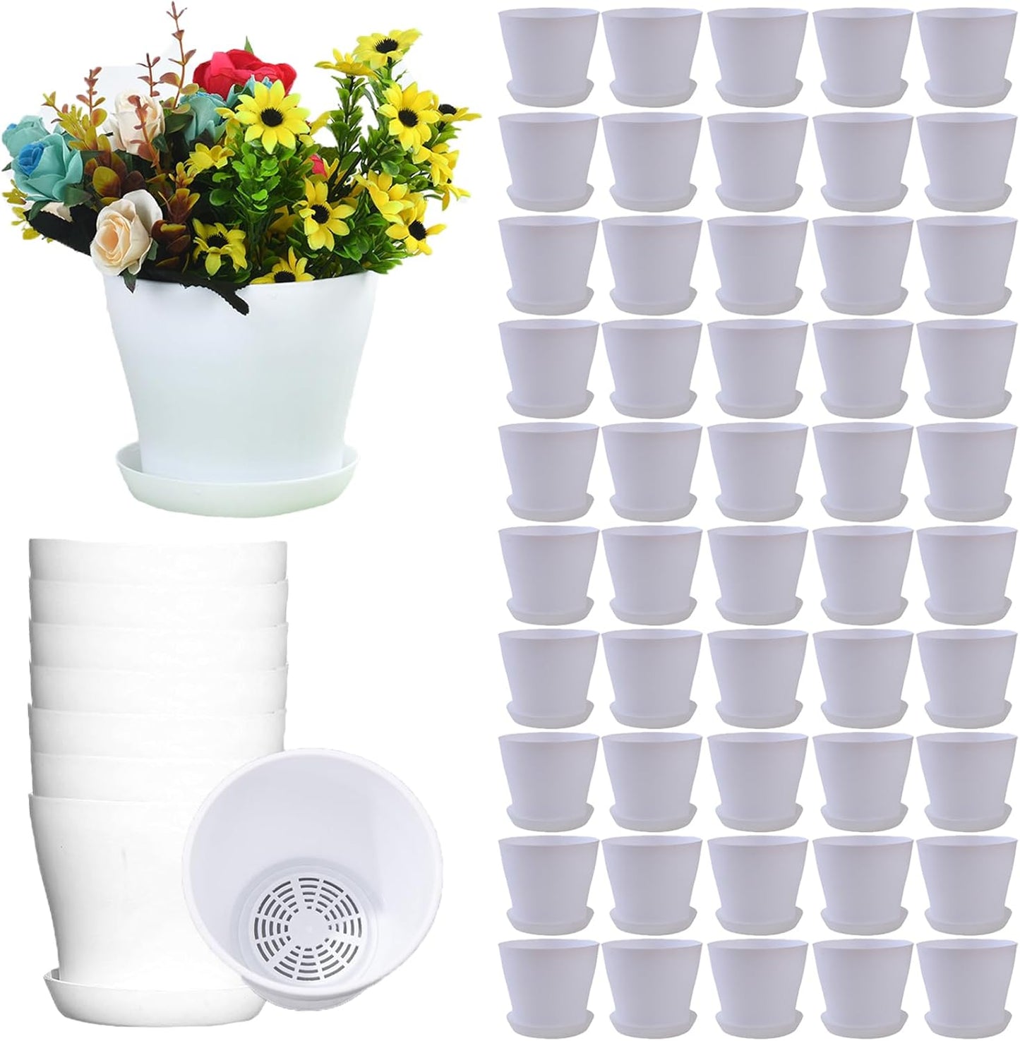 50 Pack 4 Inch Plant Pots Bulk Small Plastic Planters Pots with Drainage Holes Flower Pot for Succulent, Cactus, Herb, African Violet (50pcs-White, 4Inches)