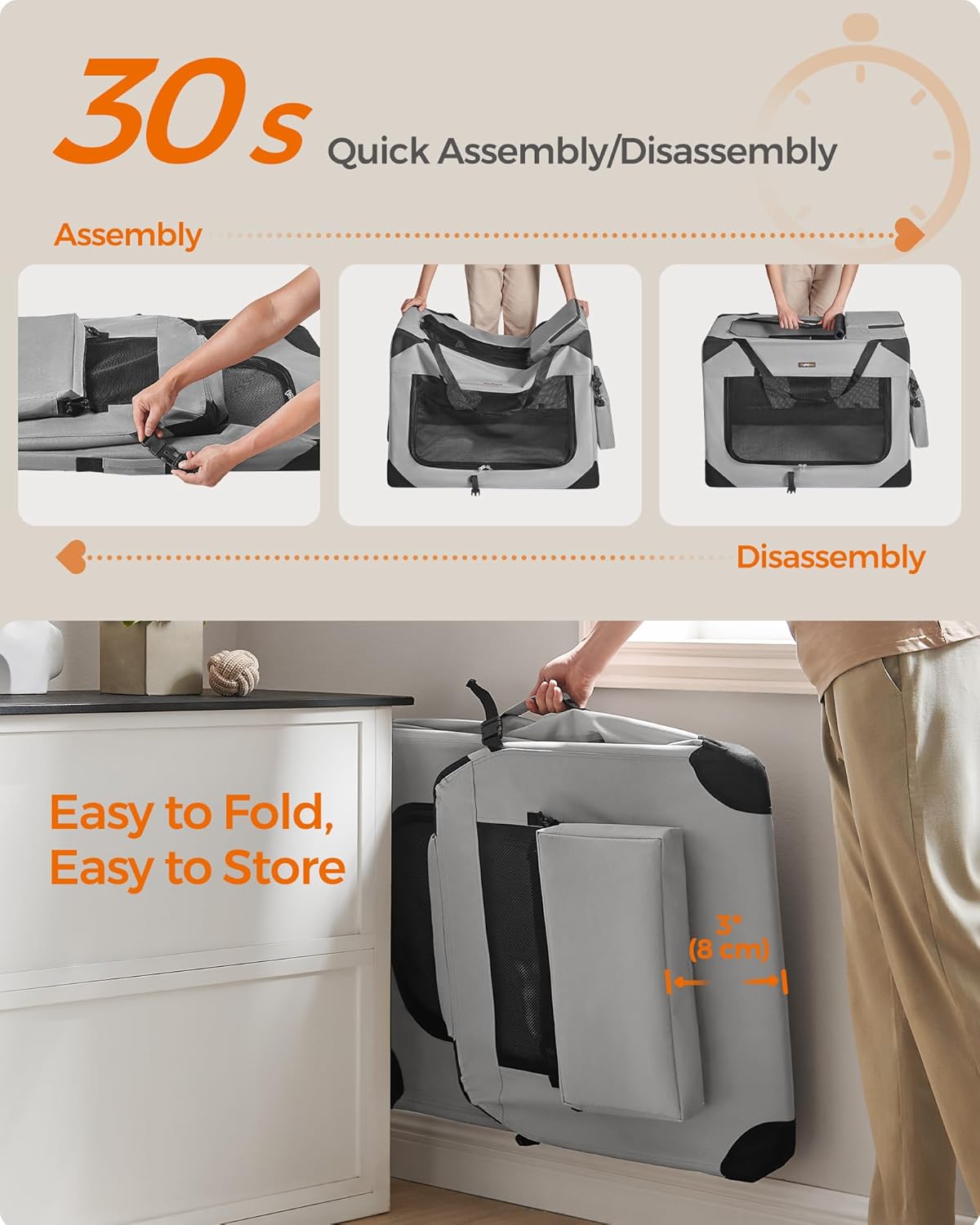 Feandrea 36 Inches Collapsible Soft Dog Crate, Portable Travel Dog Crate for Indoor and Outdoor Use, Dog Carrier Kennel with Safety Zippers, for Living Room, Car, Travelling, Smoke Gray UPDC090G02