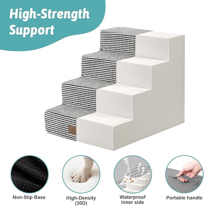 Dog Stairs for Small Dogs, 4 Tier Wider Pet Stairs for Couch and Beds, 17.7" H Non-Slip Dog Steps for Old Cats, Puppy, Small Medium Dogs, 17.7x23.6x17.7 inch, White Black