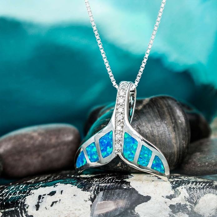 Honolulu Jewelry Company Sterling Silver Whale Tail CZ Accented Necklace Pendant with Simulated Blue Opal and 18" Box Chain