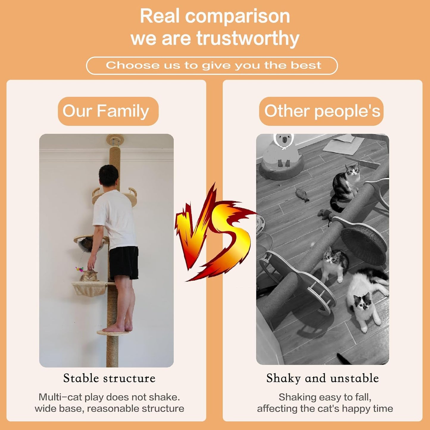 Floor to Ceiling Cat Tree Height (50-120 in) Adjustable Cat Tower 5 Tier Hemp Scratching Post High Cat Tree Sturdy Activity Tree Indoor Outdoor Cat Scratching Post Activity Center