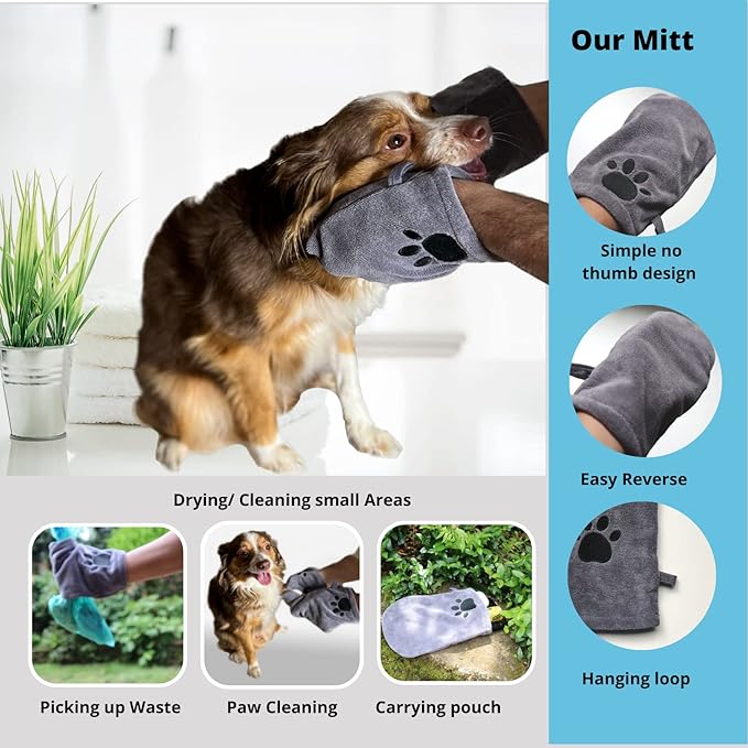 Penny & Niko Multi Purpose Microfiber Pet Towel and Mitt Set - Cat, Dog Drying Towel/Hooded Robe and Paw Cleaning Gloves - 30x30 inches - Blue/Gray Set