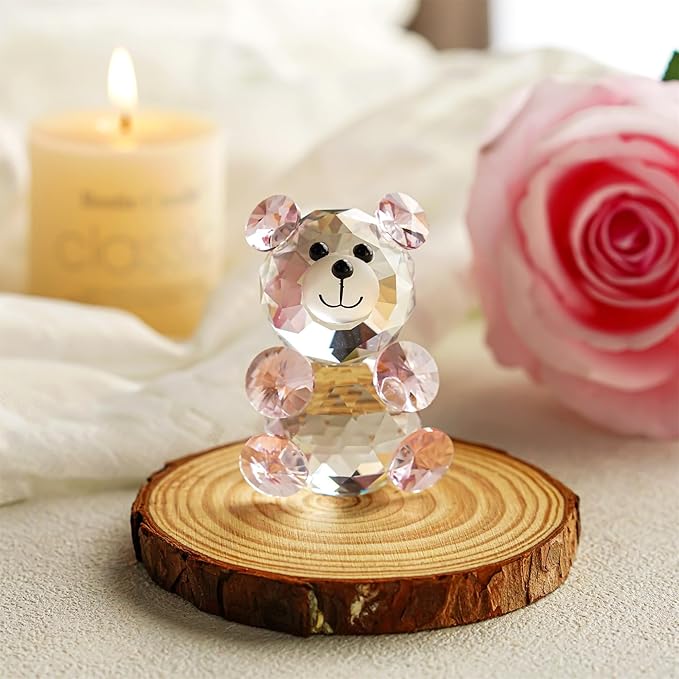H&D Pink 3D Little Bear Crystal Figurine Paperweights Glass Xmas Decor
