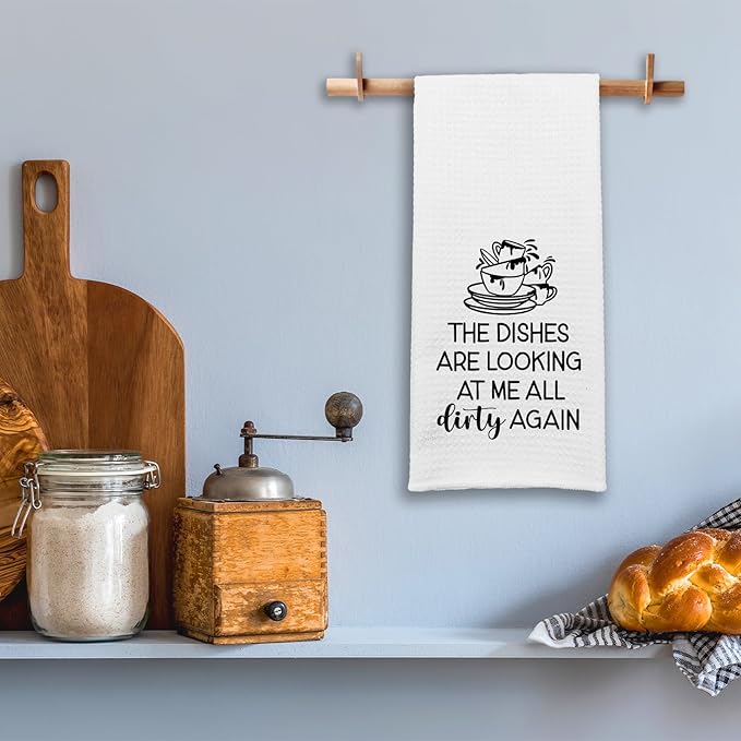 Funny Kitchen Towels for Women, The Dishes are Looking at Me All Dirty Again Dishcloths, Housewife Decorative Tea Towels with Saying, Sweet Housewarming Gifts for Mom Hostess Chef Friend