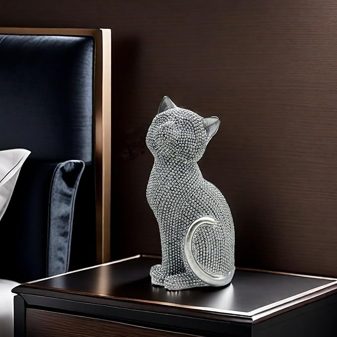 FUNSXBUG Decorative Cat Sitting Statue Art Figurines Sculpture Collectibles Home Office Desktop Decor Outdoor Garden Tabletop Display Decoration (Silver)