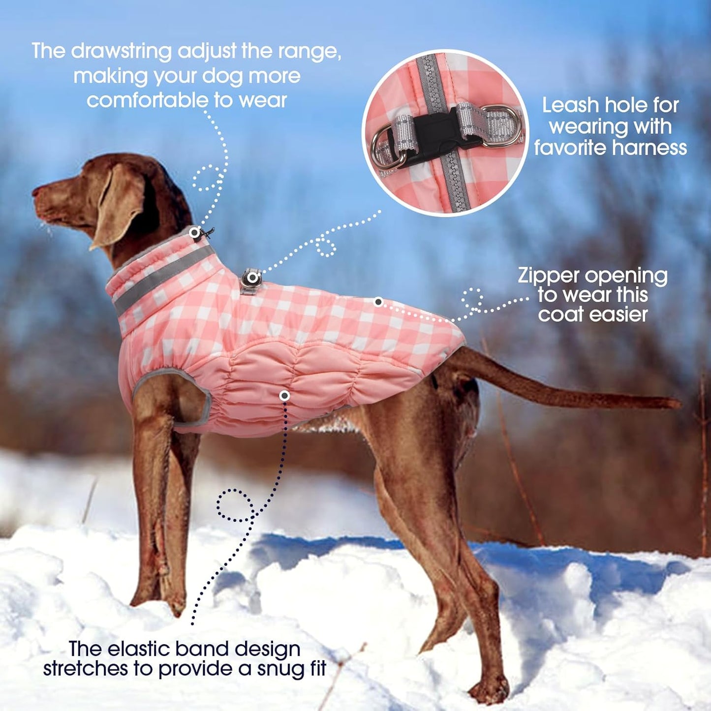 FUAMEY Dog Coat for Medium Dogs,Waterproof Dog Winter Jacket with Harness Built in Puppy Cold Weather Coats Reflective Pet Vest with Zipper Warm Fleece Dogs Snowsuit Windproof Pink Plaid M