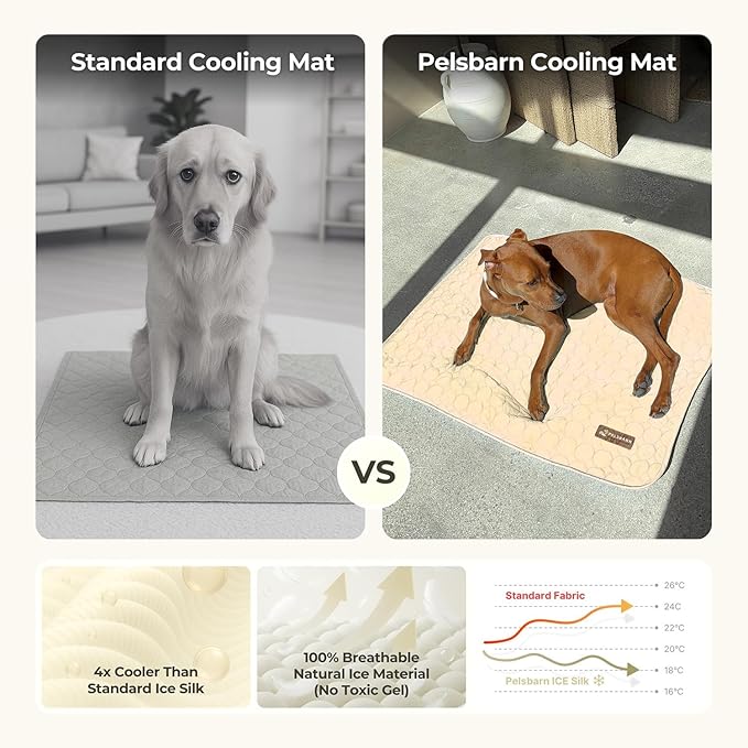 Pelsbarn Dog Cooling Mat- Ice Silk Summer Comfort, Self Cooling, Non-Slip Dog Pad, Durable & Washable, Mat for Medium Dogs 19"" x 25"", Support Shelter Dogs with Every Purchase (Beige)